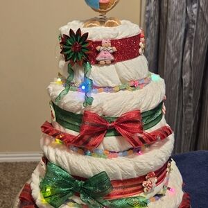 Festive LIGHTED Holiday Diaper Cake with Red and Green Accents